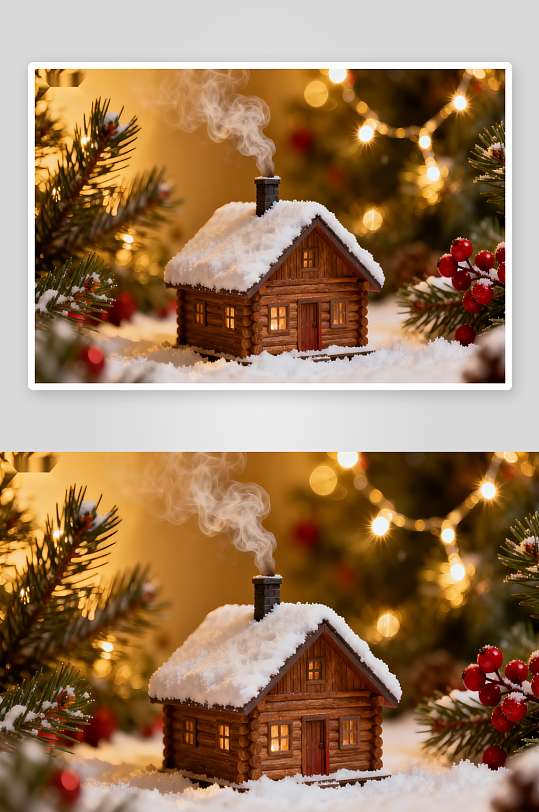 雪覆小木屋圣诞氛围浓-众图网