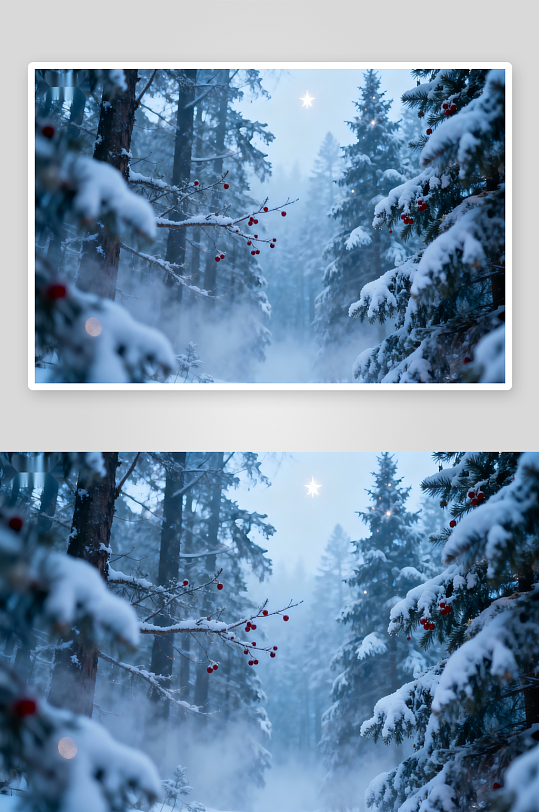 雪覆松林夜景星光闪烁-众图网