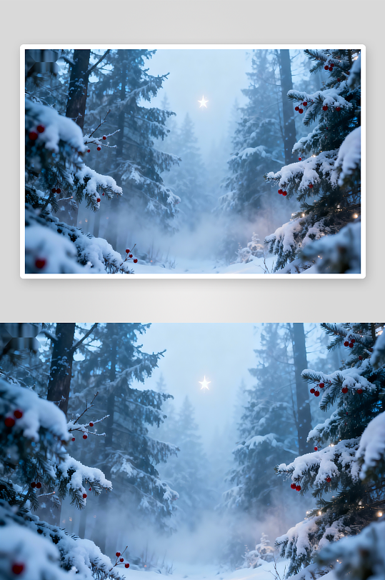 雪覆松林星光闪烁冬日秘境-众图网