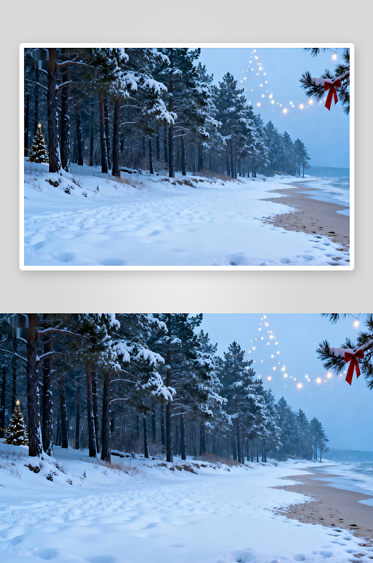雪覆松林海滩圣诞夜景-众图网