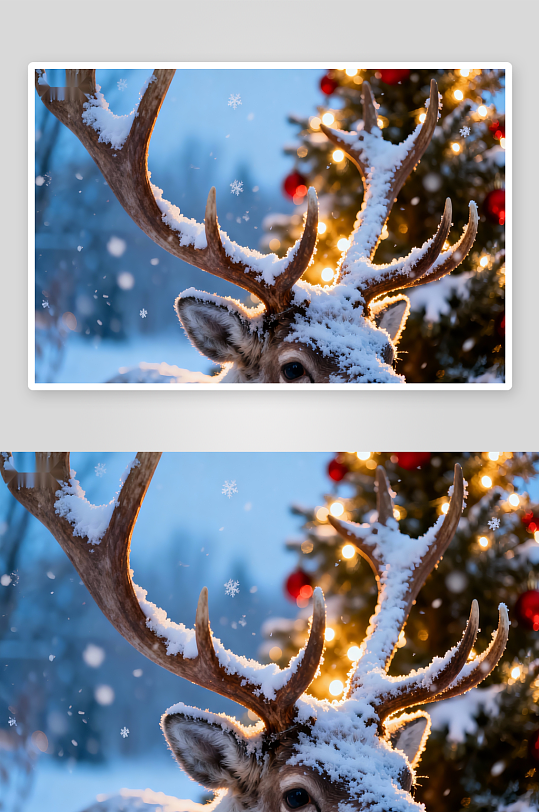 雪鹿圣诞树下冬日美景-众图网