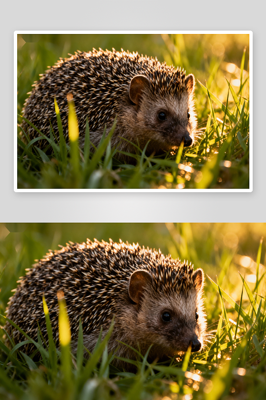 刺猬在草丛中沐浴阳光-众图网