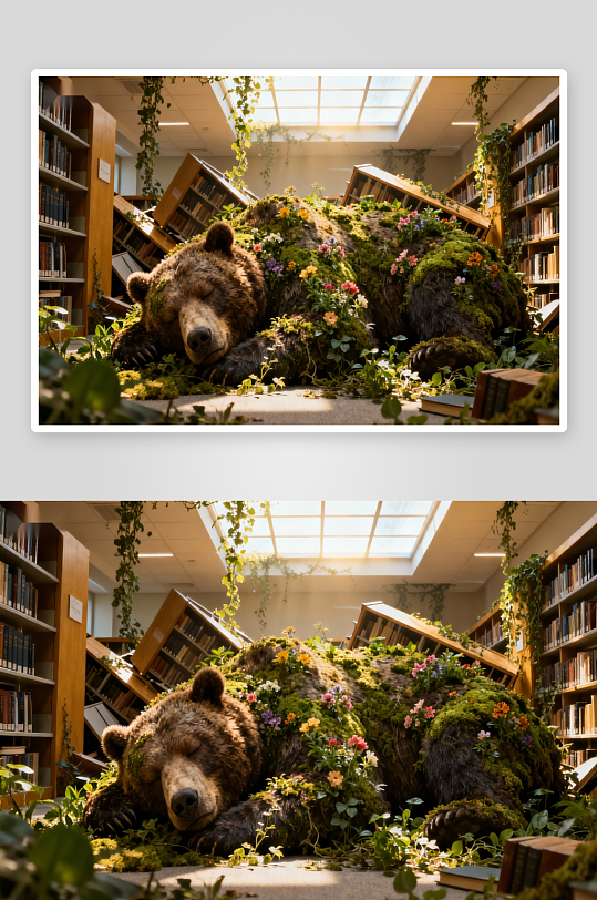 图书馆巨熊长眠绿植环绕-众图网