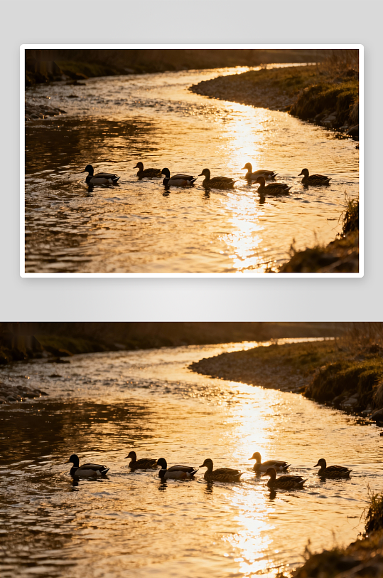 夕阳下的鸭群游弋溪流-众图网