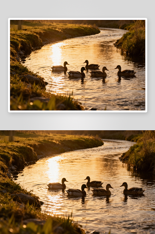 夕阳下鸭群游弋小溪-众图网