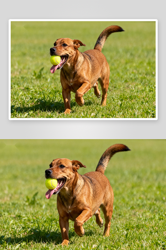 小狗草地奔跑叼球-众图网