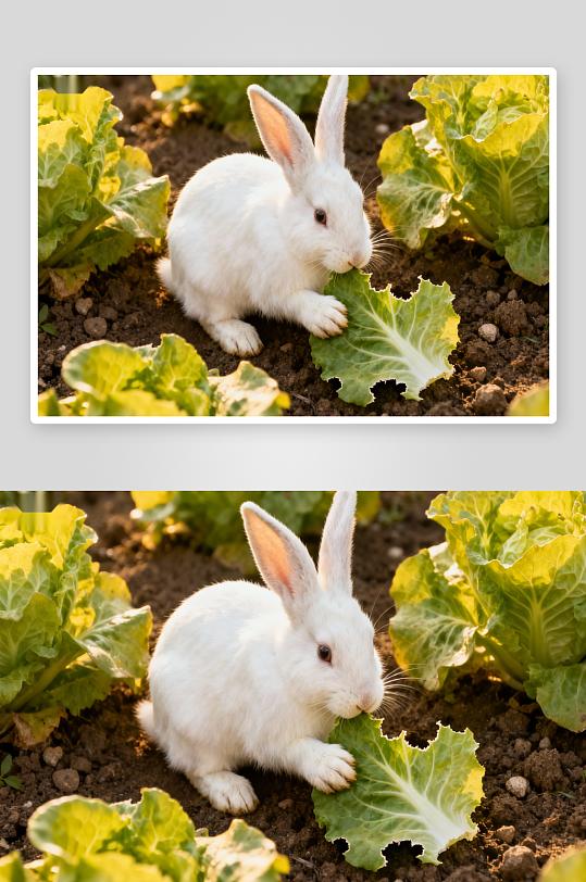 小白兔吃菜叶背景照片-众图网