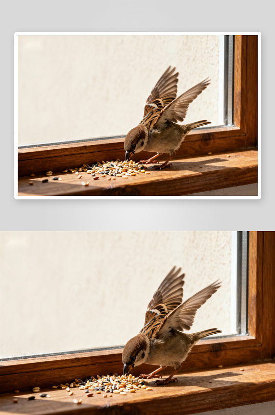 小鸟窗台啄食瞬间-众图网