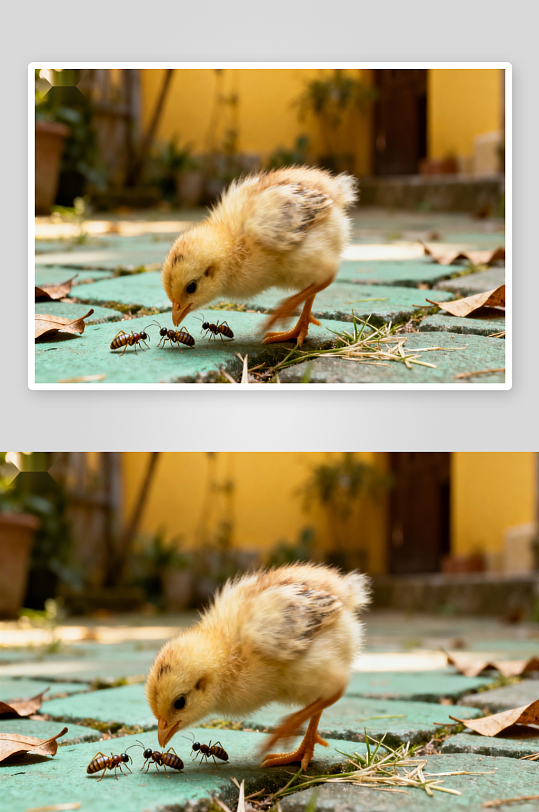 小鸡与蚂蚁互动趣味瞬间-众图网