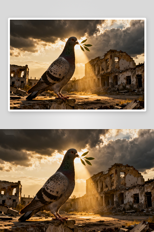 废墟鸽子衔枝日落景象-众图网