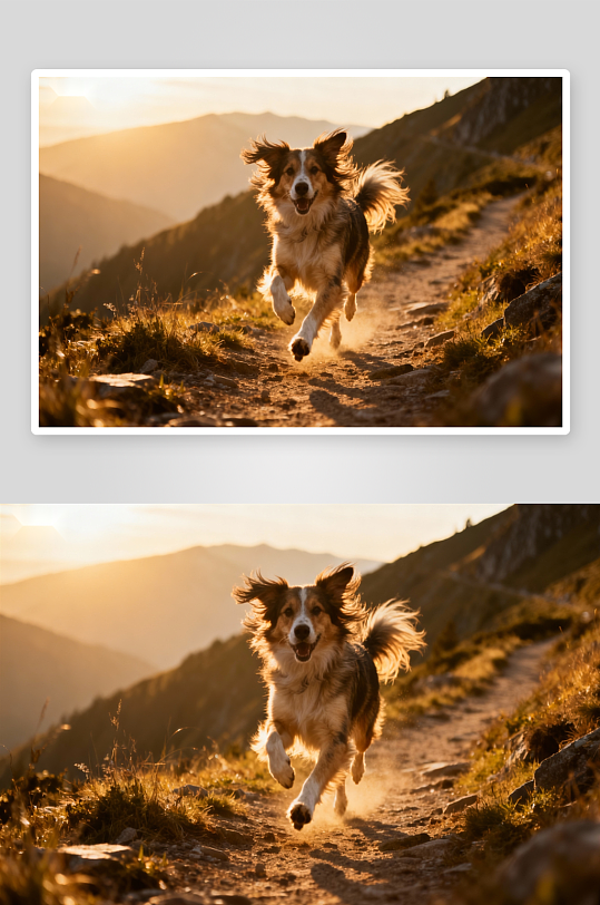狗狗奔跑山径夕阳美景-众图网