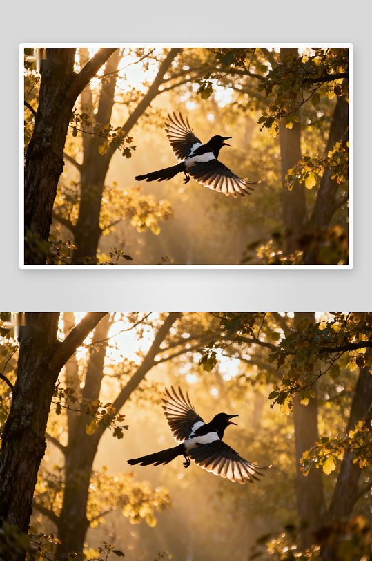 秋日林间喜鹊展翅飞翔-众图网