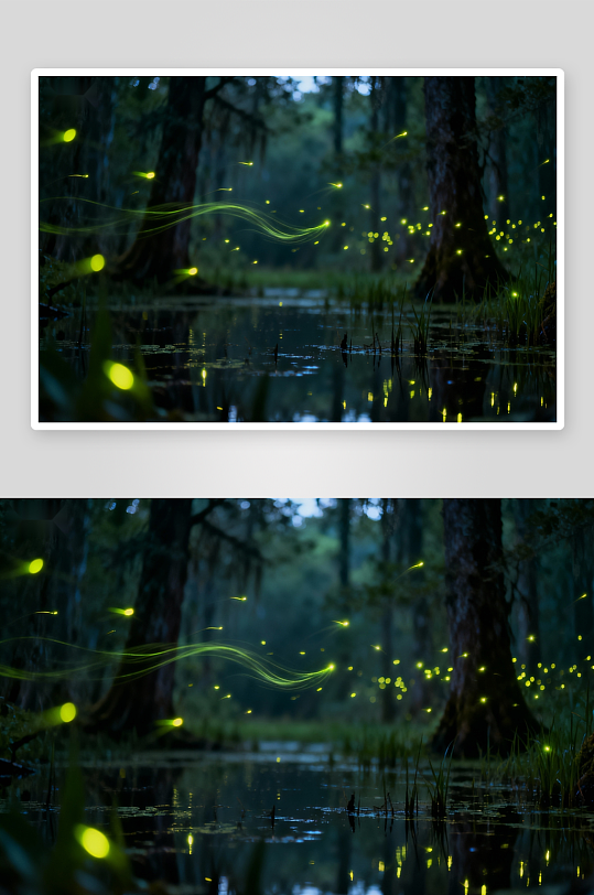 萤火虫夜林水景背景照片-众图网