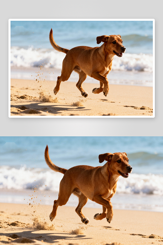 金毛犬奔跑沙滩浪花飞溅-众图网