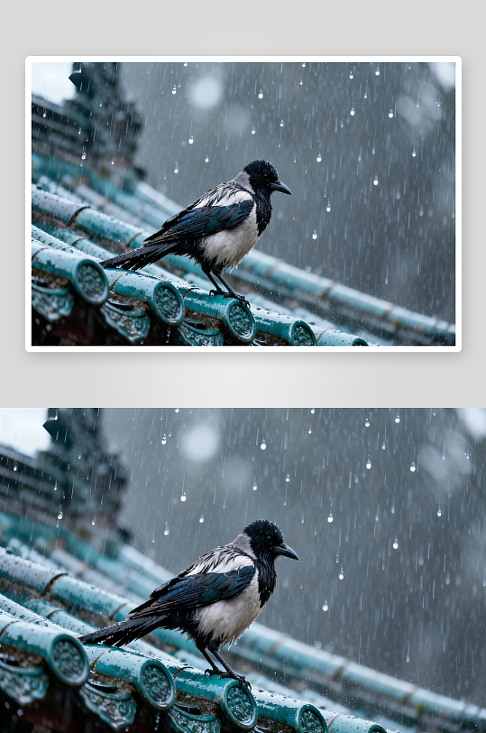 雨中屋顶栖息的乌鸦-众图网