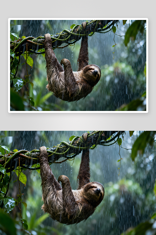 雨中树懒悬挂树枝-众图网