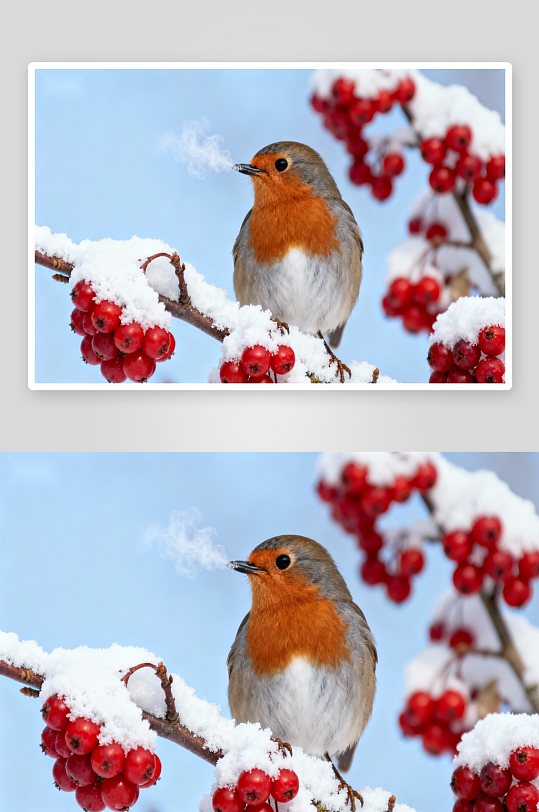 雪中红果枝头小鸟呼气-众图网