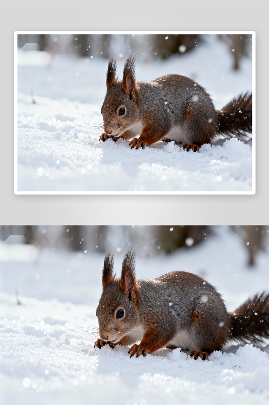 雪地松鼠觅食瞬间-众图网