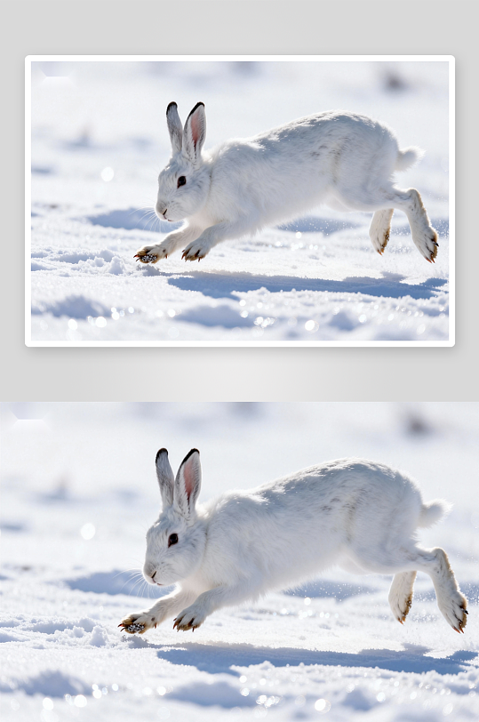 雪地白兔奔跑瞬间-众图网
