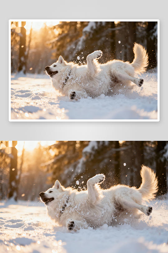 雪地白犬嬉戏打滚-众图网