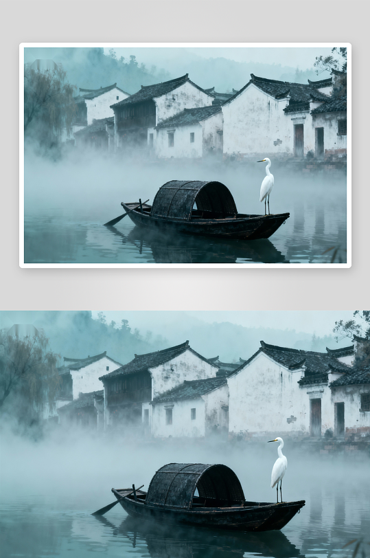 雾中古村白鹭与小舟-众图网