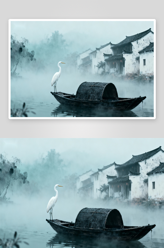 雾中白鹭古船静立水乡-众图网