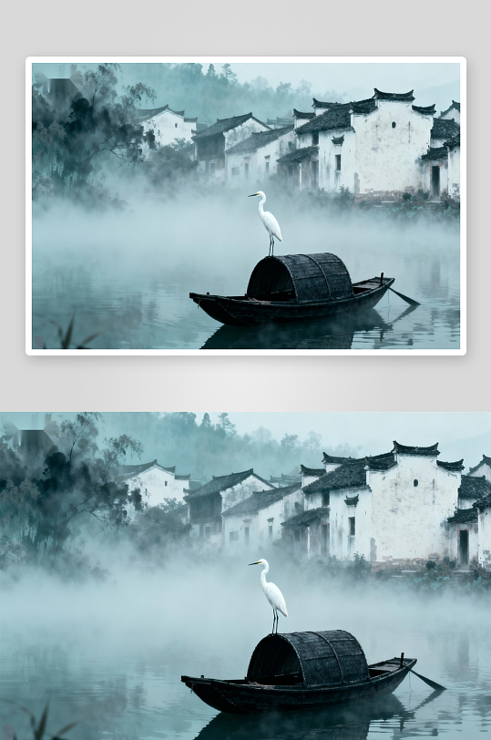 雾中白鹭栖息古船-众图网