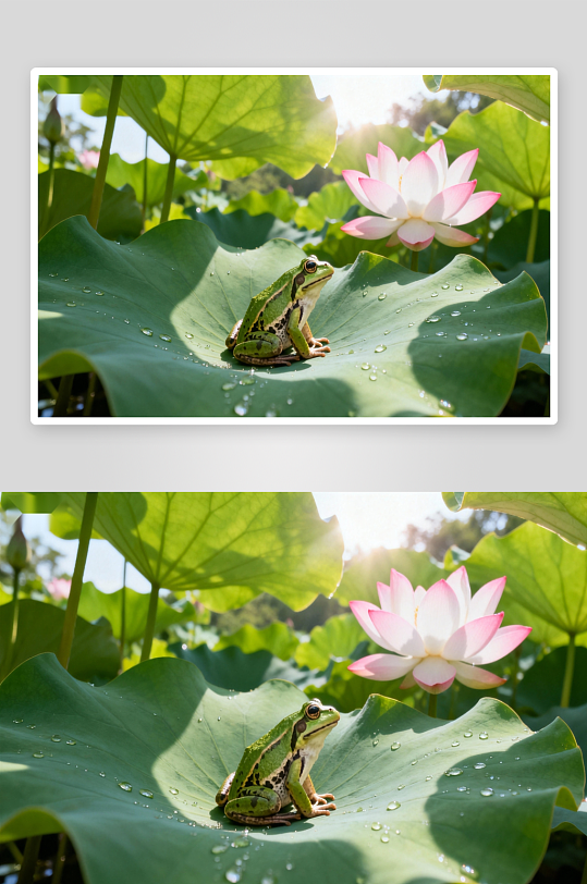 青蛙荷叶晨露荷花-众图网