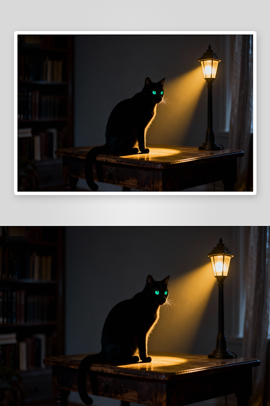 黑猫静坐灯下光影交错-众图网