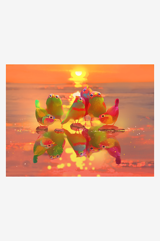 七彩小鸟日落海滩嬉戏-众图网