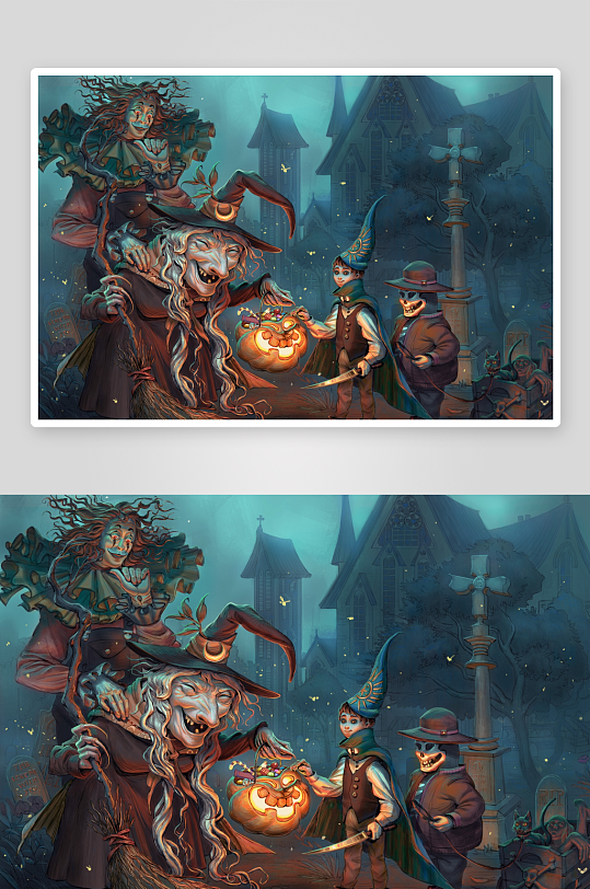 万圣节夜巫婆与小鬼讨糖-众图网