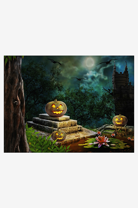 万圣节夜景南瓜灯与古堡-众图网