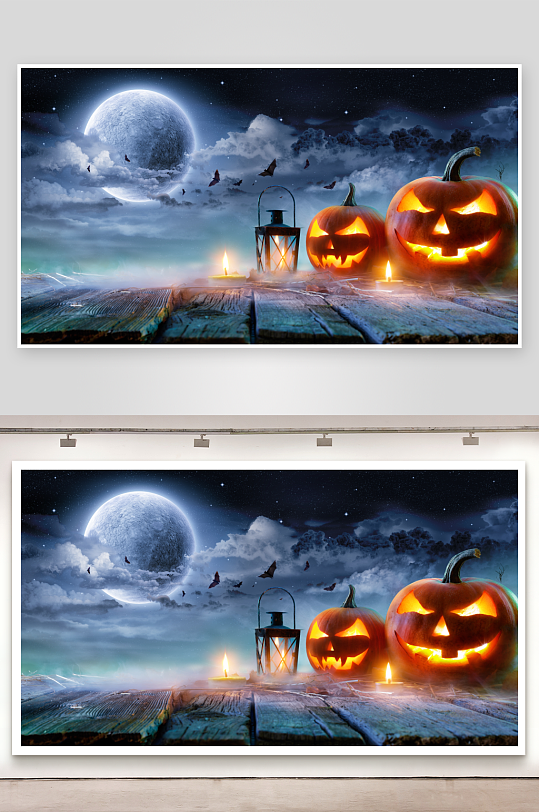 万圣节夜景南瓜灯与明月-众图网