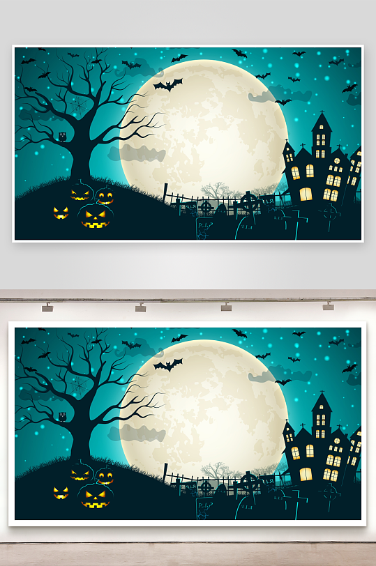 万圣节夜景月亮下的鬼屋与南瓜灯-众图网