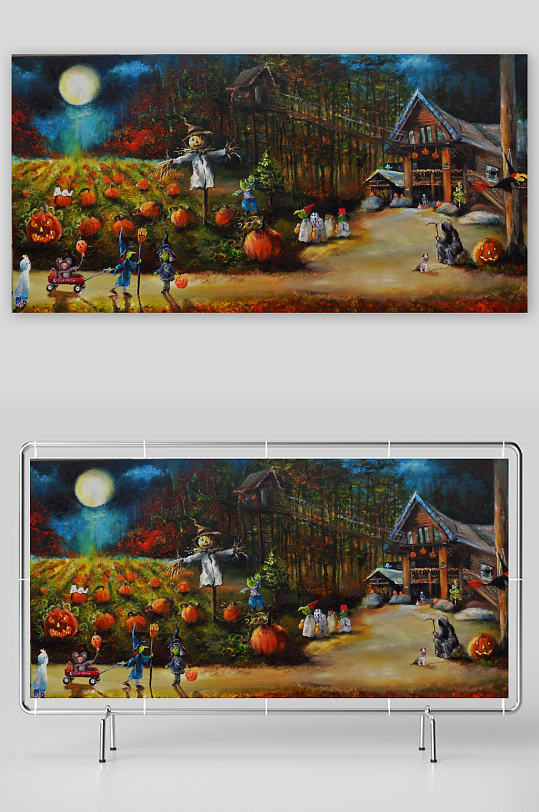 万圣节夜景画南瓜与小屋-众图网