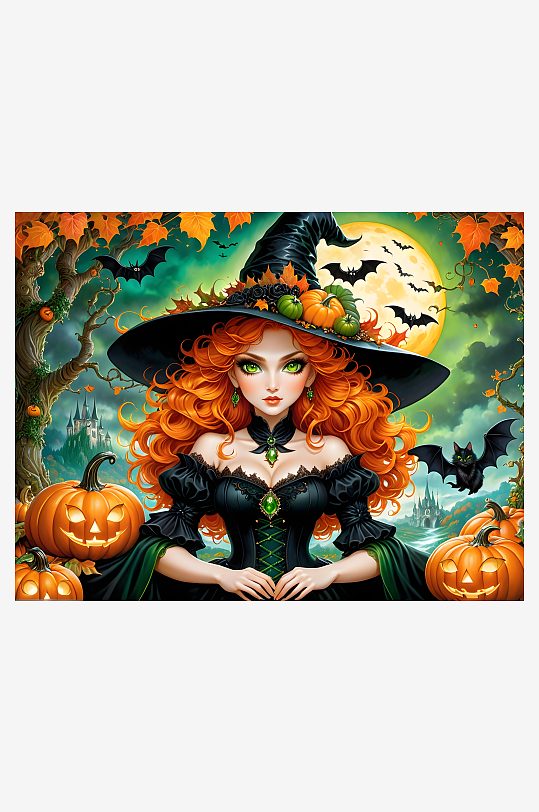 万圣节女巫与南瓜夜景-众图网