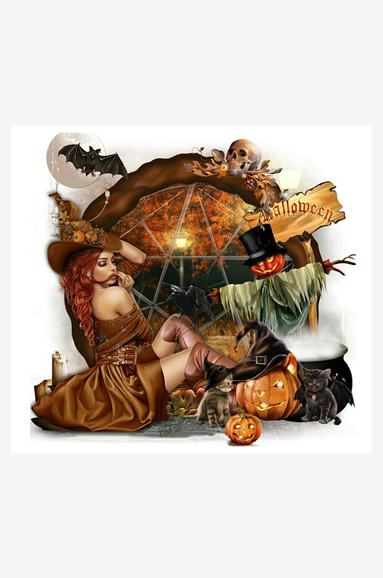 万圣节女巫与南瓜猫-众图网