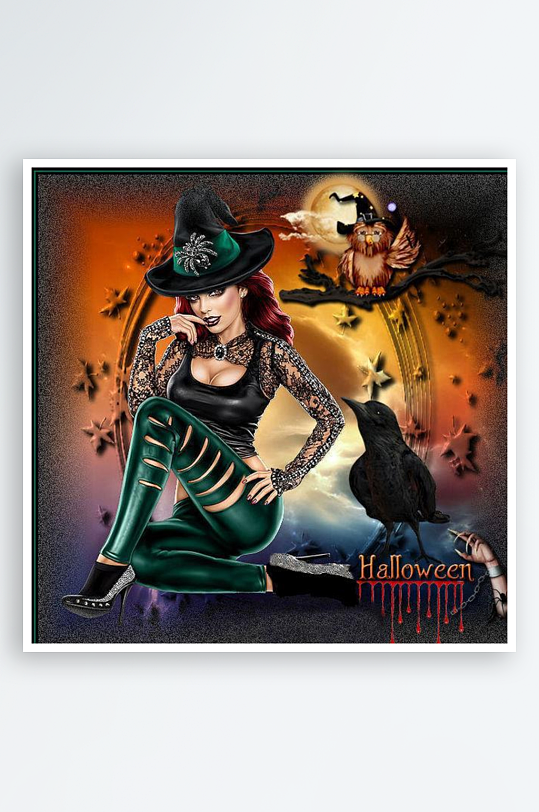 万圣节女巫与猫头鹰艺术插画-众图网