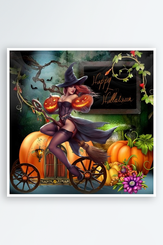 万圣节女巫骑南瓜车-众图网