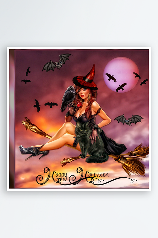 万圣节女巫骑扫帚与黑猫-众图网