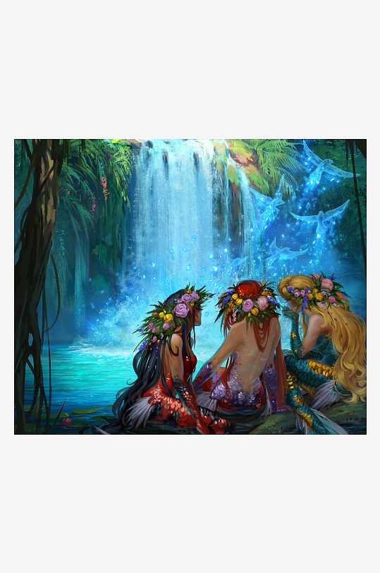 三位美人鱼在瀑布前休憩-众图网