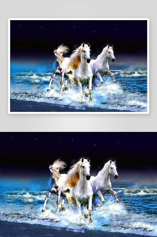 三匹白马奔腾海浪-众图网