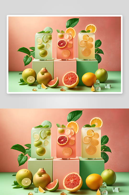 三杯水果饮品与新鲜果切-众图网