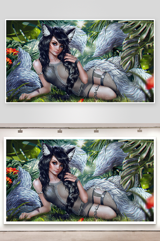 丛林中的狐耳少女艺术插画-众图网