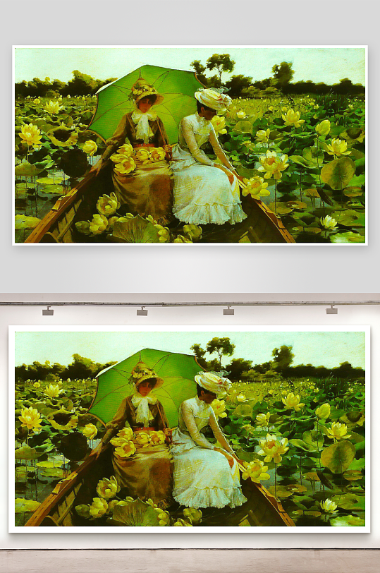 两位女子乘船游赏荷花池-众图网