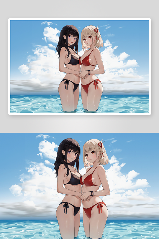 两位少女海边比基尼合影-众图网