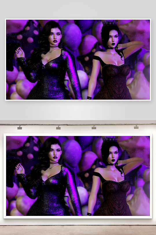 两位身着礼服的女性在紫色灯光下-众图网