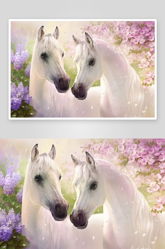 两匹白马与花丛的优雅画面-众图网