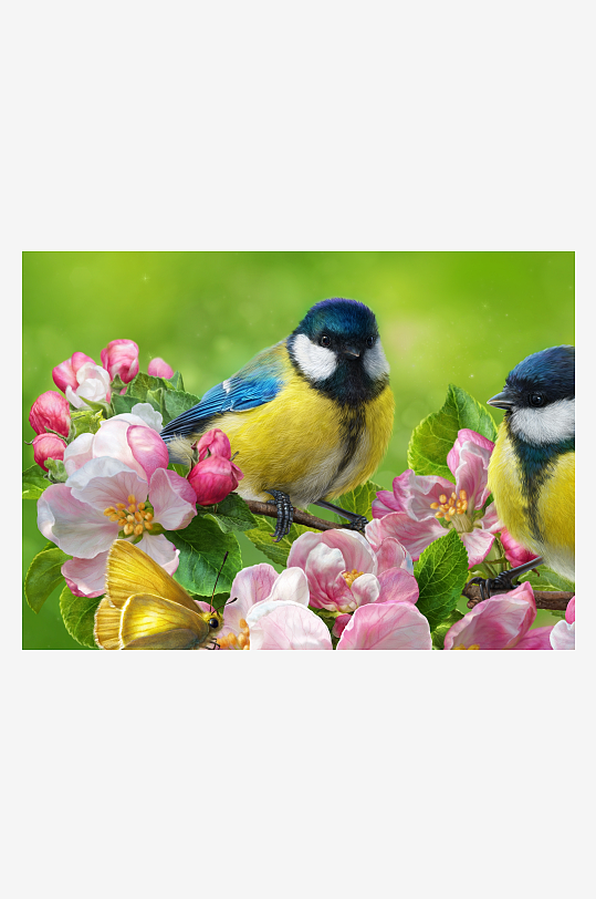 两只小鸟栖息花丛中-众图网