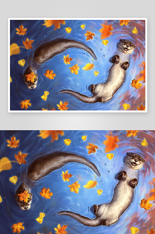 两只水獭水中嬉戏落叶飘-众图网